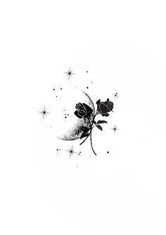 a black and white photo of a rose on the moon with stars in the background