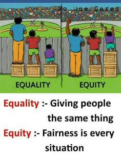 an image of two people standing on stools in front of a fence with the words equality