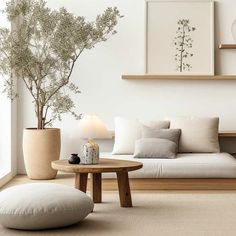 a living room filled with furniture and a potted plant on top of a table