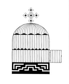 a black and white drawing of a birdcage with geometric designs on the roof