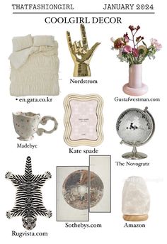 some items that are on top of a white tablecloth with the words cool girl decor