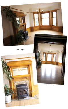 two pictures of an empty living room with wood floors and fireplace in the middle one has a potted plant next to it