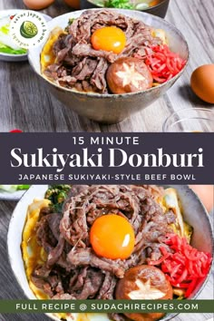 Beef sukiyaki don topped with simmered beef, shiitake mushroom, egg and red pickled ginger served over rice in a gray bowl Sukiyaki Beef, Beef Rice, Flavorful Vegetables, Rice Bowls Recipes, Health Dinner Recipes, Indian Food Recipes Vegetarian, Japan Food, Cooked Vegetables