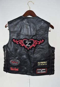 Vtg Black Leather Motorcycle Vest w Patches // Biker Babe, Love to Ride, Lady Rider // Badass Rock S Fitted Black Rocker Vest, Black Fitted Rocker Vest, Black Fitted Moto Vest, Edgy Black Vest For Biker Events, Fitted Biker Vest For Biker Events, Black Fitted Biker Vest, Biker Style Sleeveless Vest For Festivals, Biker Sleeveless Vest For Festivals, Black Biker Vest For Festivals