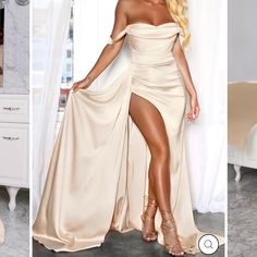 Beautiful Champagne Colored Evening Or Bridesmaid Gown. Size 14 New With Tags Pre-draped Prom Gown For Prom Season, Pre-draped Strapless Bridesmaid Dress, Champagne Satin Gown For Formal Occasions, Pre-draped Satin Bridesmaid Dress, Pre-draped Satin Bridesmaid Gown, Pre-draped Satin Dress For Prom Season, Champagne Satin Gown For Gala, Pre-draped Maxi Evening Dress For Banquet, Pre-draped Prom Gown