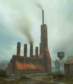 Factory Concept Design, Steampunk Factory Concept Art, Dystopian Factory, Industrial Architecture Factories, Old Factory Architecture, Factory Concept Art, Factory Environment, Steampunk Factory, Victorian Factory