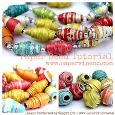 several pictures of different colored beads on white background with text overlay that says paper bead