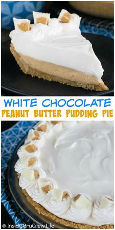 there is a white chocolate peanut butter pudding pie on the plate and in front of it