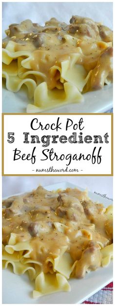 crock pot beef stroganoni recipe on a white plate with text overlay