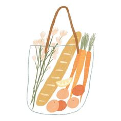 a drawing of carrots, lemons and onions in a glass bag with leather handles