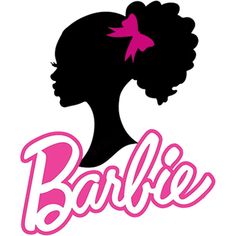 the silhouette of a woman's head in pink and black with the word barbie on it