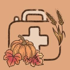 an illustration of a suitcase with pumpkins and ears of wheat next to it on a peach background