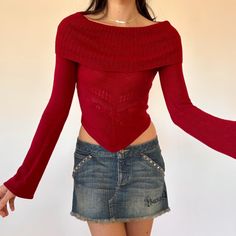 Y2K Crimson Off Shoulder Knit  Details: * Vintage from the 2000s * Brand is Forever 21  * Long sleeve  * Pointed hem  * Flared sleeves    Sizing: * Size: xs * Bust 30-32" * Length 19" *Please note small hole (pictured) - blends in with the pattern, not noticeable!  Model Measurements:   Sophie is 5'6" and a size XS.  Her waist measures: High 25", Mid 29", Low 31", with a 35" Hip Bust 32B Denim Jacket With Fur, Womens Sweaters, Corsets And Bustiers, Leather Denim, Maxi Dress Formal, The 2000s, Top Sweater, Red Top, Denim Pant