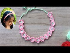 a crochet necklace is shown with an image of a woman's face next to it