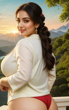 a woman in red panties posing for the camera with mountains and trees in the background