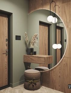 a mirror sitting above a dressing table next to a wooden dresser with a plant on it