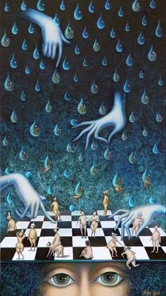 an artistic painting with people and animals playing chess in front of raindrops on the wall