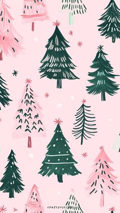 pink and green christmas trees with snowflakes on the top, against a light pink background