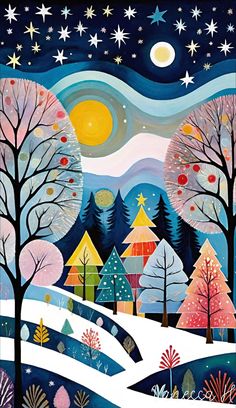 a painting of trees and snow with stars in the sky