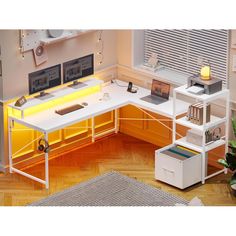 a white desk with two computers on it and a yellow light in the corner next to it