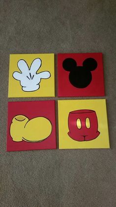 four square paintings with mickey mouse and other cartoon characters painted on the same piece of paper