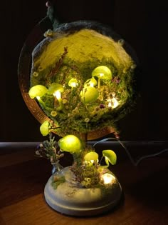 an illuminated globe with moss growing on it's sides and lights in the middle