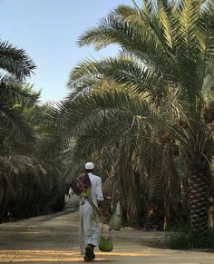 a man walking down a dirt road with palm trees