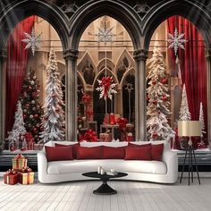 a living room decorated for christmas with red and white decorations