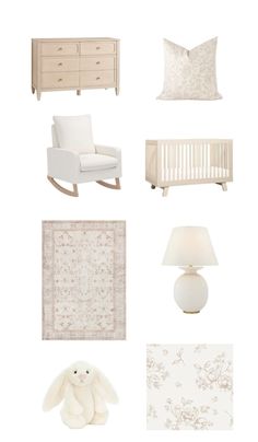 a baby's nursery room with white furniture and neutral accessories, including a rocking chair