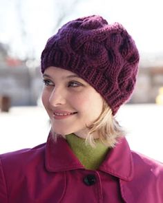 Ravelry: Cable Hat #4481 pattern by Bernat Design Studio Cable Knit Hat Pattern, Cabled Hat Pattern, Purple Hat, Cable Hat, Crochet Knit Hat, Cable Knit Hat, Stylish Hats, Knitted Hat