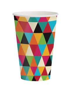 a paper cup with multicolored triangles on it