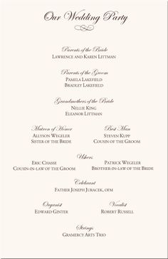 the wedding program is shown in black and white