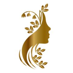 a woman's profile with leaves and flowers on her head, in gold foil