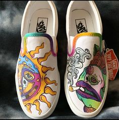 Custom painted slip on Vans. Your idea becomes wearable, for yourself or a custom gift! Weatherproof sealed. With purchase, please message your idea in detail including all words and names with correct spelling. Please also include needed size. Custom Painted Shoes Ideas, Shoe Painting Ideas Vans, Custom Vans Ideas, Custom Slip On Vans, Vans Painted