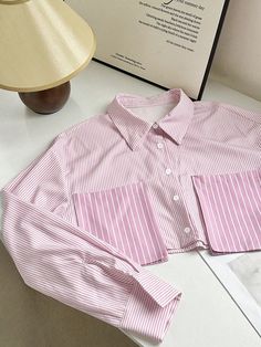 Casual Striped Patchwork 3D Pocket Front Button Closure Long Sleeve Shirt Pink Casual  Long Sleeve Fabric Striped Shirt Non-Stretch  Women Clothing, size features are:Bust: ,Length: ,Sleeve Length: 3d Pocket, Basic Clothes, Rose Bonbon, Embroidered Shorts, Casual Stripes, Women Blouses, Simple Trendy Outfits, Shoulder Shirts, Kids Sleepwear