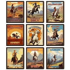 six cowboy posters with the words wyoming, colorado, yellowstone, and wyoming on them