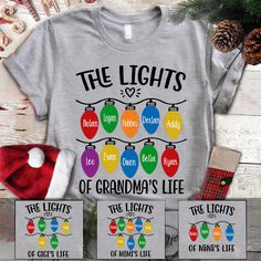 The Lights Of Grandma's Life Grandkids Christmas ArtGreat as Birthday gifts or Holiday presents. This adorable item can be designed upon anyone's wish with any title.Brand: Gildan Classic unisex cut makes this easy to fit the body.Material: Heavyweight fabricSport Grey And Antique Heathers: 90% Cotton | 10% PolyesterSafety Colors And Heathers: 50% Cotton | 50% PolyesterOther colors: 100% cotton Machine wash cold inside out with like colors, tumble dry low for easy care Imported, Printed in the U Grandmas Christmas, Custom Tee Shirts, Personalized Clothes, Art Shirts, Personalized T Shirts, Christmas Shirt, Christmas Tshirts, Christmas Sweatshirts, Christmas Art