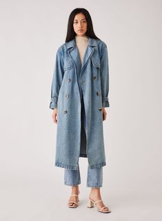 • Esmaee Midwest Trench Coat • Drop shoulder • Collared neck • Double breasted • Long sleeve • Front pockets • Removable waist belt • Calf length Style No: 2291.5563 Content: 100% Cotton Model height: 177cm / 5' 9½in | Model wears Size XS Cheap Denim Blue Single Breasted Outerwear, Luxury Relaxed Fit Denim Jacket With Pockets, Luxury Denim Utility Jacket For Work, Luxury Denim Jacket With Pockets For Workwear, Luxury Rigid Denim Outerwear With Pockets, Cheap Washed Blue Outerwear For Work, Affordable Washed Blue Outerwear For Work, Luxury Washed Blue Outerwear For Work, Luxury Long Sleeve Denim Jacket For Work