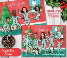 two christmas cards with an image of people in pajamas and holly wreaths on them