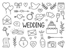 wedding doodles are arranged in the shape of hearts, flowers, and other items