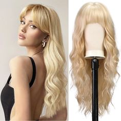 PRICES MAY VARY. 【Premium Synthetic Wig】 BARSDAR Long Wavy Wigs are made of high-quality fiber-resistant material for a natural, thick and fluffy look. Soft to the touch, not easy to fall off and tangle, no odor, and won't hurt the skin. 【Cap and Size】High quality rose mesh cap mesh cap is durable, breathable and comfortable, you can't see any cap or weft underneath after wearing it, it won't make you feel uncomfortable even if you wear it all day, comes with adjustable shoulder straps , fits mo Long Blonde Wigs For White Women, Long Wigs With Bangs, Taste Costume, Wavy Blonde Hair With Bangs, Blonde Hair Wigs, Blonde Hair Long, Blonde Wig With Bangs, Blond Wig, Wavy Wig With Bangs