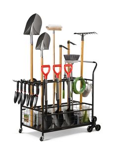 a black rack with gardening tools on it