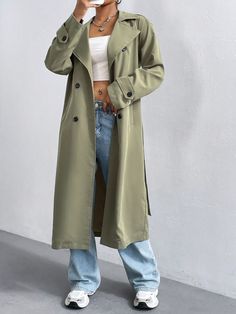 Green Casual,Elegant Collar Long Sleeve Woven Fabric Plain Regular Embellished Non-Stretch  Women Clothing Green Trench Coat Outfit, Khaki Gabardine Outerwear With Button Closure, Khaki Gabardine Belted Outerwear, Khaki Gabardine Long Coat, Long Gabardine Coat With Button Closure, Long Jacket Outfit, Windbreaker Jacket Women, Green Trench Coat, Coat Outfit