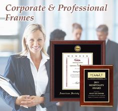 a woman standing in front of a plaque and framed award for her company's best practices