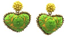 two green and yellow earrings with flowers on top of each earring, one in the shape of a heart