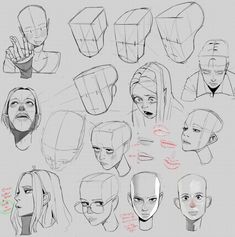 some sketches of different facial expressions and head shapes for the character's appearance in an animated