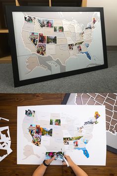 a person is making a map with pictures on it and cut out the united states