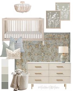 a baby's nursery room is shown in shades of gray, beige and white