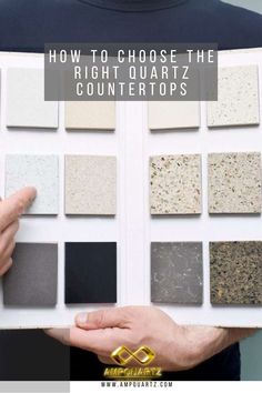 a person holding up a book with different types of countertops