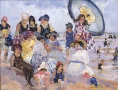 an oil painting of people on the beach